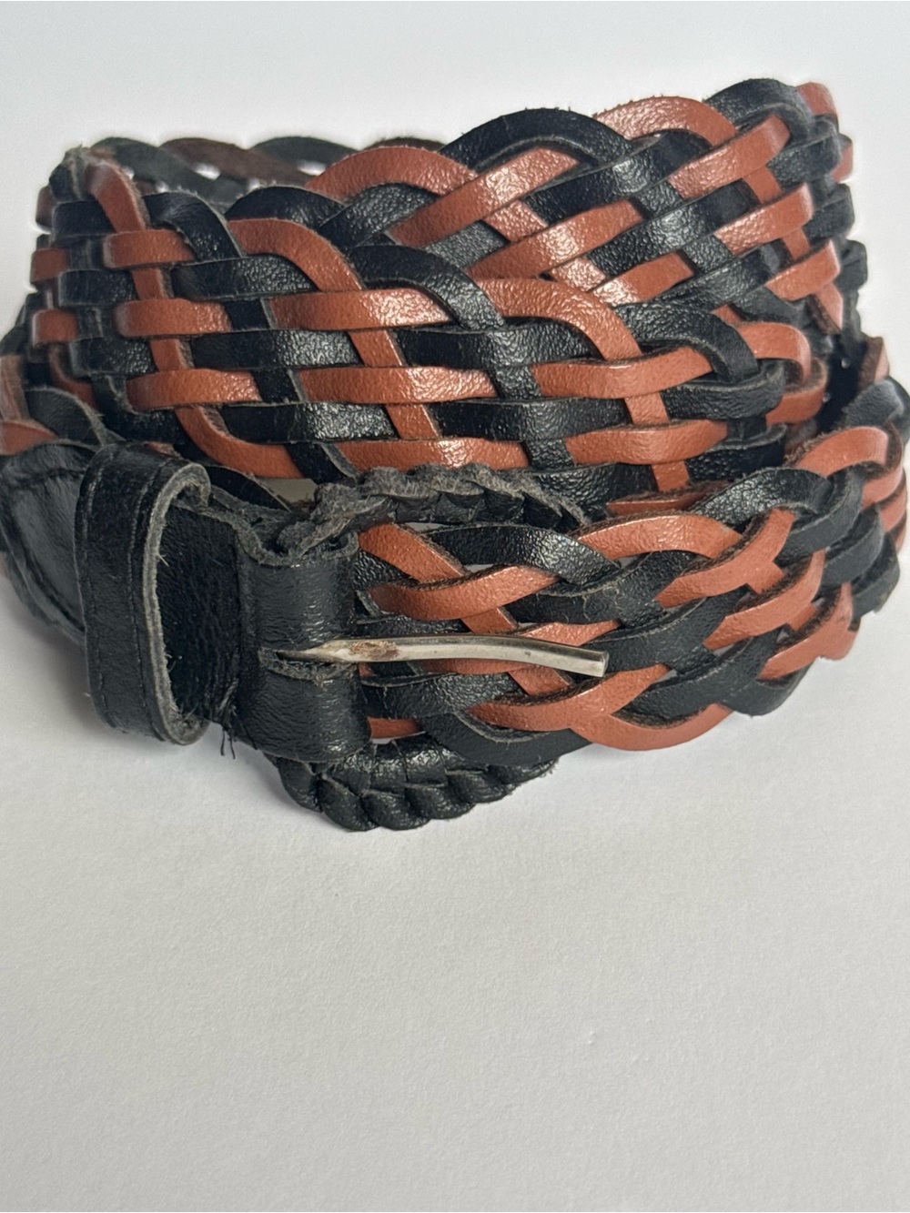 Braided Black and Brown Leather Belt Leather Wrapped Buckle M/L 39”